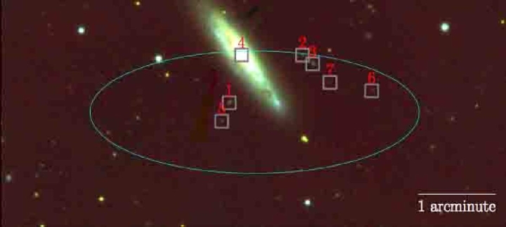 &quot;La elipse muestra los límites dentro de los cuales se originó la emisión del FRB. El GTC fue utilizado para obtener los redshifts de las 7 fuentes marcadas, lo que permitió a los autores identificar la fuente 4, una galaxia espiral conocida como NGC 3252, como la única candidata dentro de la distancia máxima permitida de la fuente FRB, y también estudiar la formación estelar y abundancia química de esta galaxia&quot;.