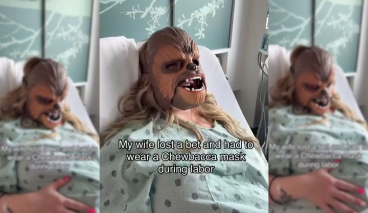 Mujer da a luz con máscara de Chewbacca tras perder una apuesta con su esposo