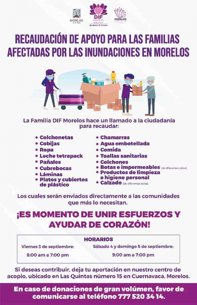 Abre DIF Morelos centro de acopio para ayudar a las familias afectadas por las lluvias