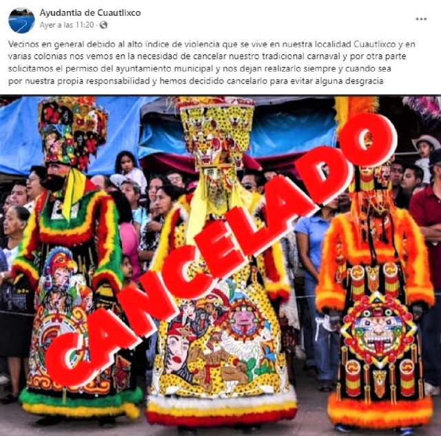 A través de su cuenta de Facebook, la ayudantía de Cuautlixco anunció la cancelación del carnaval.
