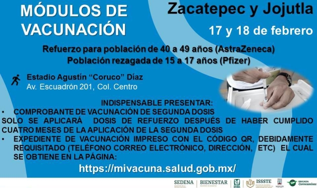 Cambia sede de vacunación de refuerzo anticovid para personas de 40 a 49 años y rezagados de 15 a 17 años de Jojutla y Zacatepec