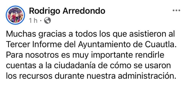 Agradece alcalde Rodrigo Arredondo asistencia a tercer informe del ayuntamiento de Cuautla