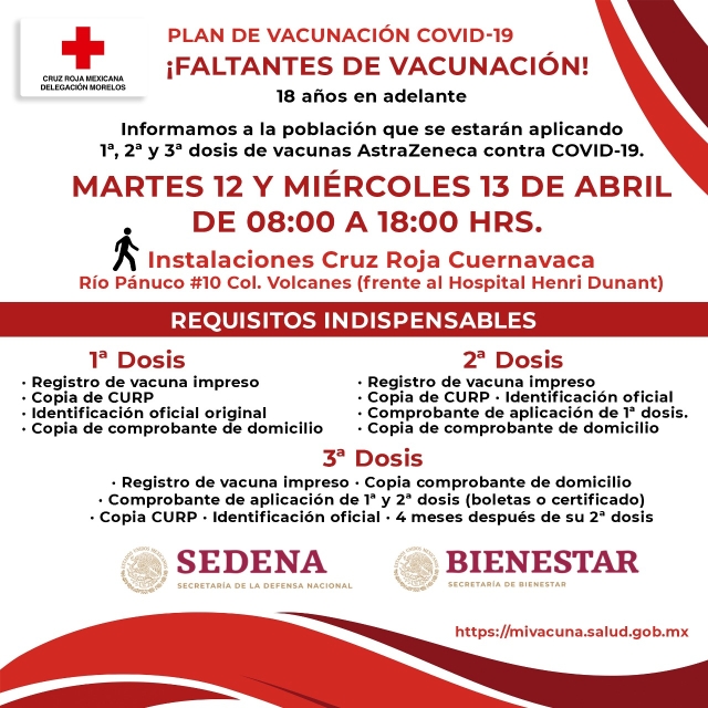 Aplicarán vacunas anticovid AstraZeneca en las instalaciones de Cruz Roja Cuernavaca