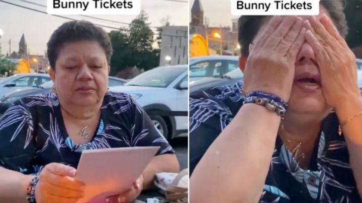 Mujer rompe en llanto tras recibir de regalo boletos para ver a Bad Bunny