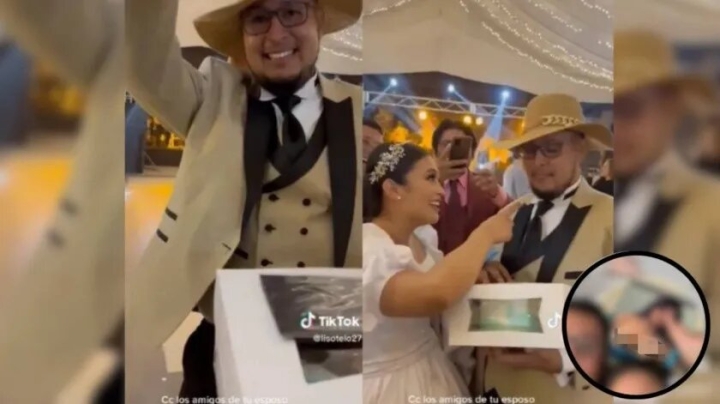 Hombre recibe pastel de Karely Ruiz en pleno día de su boda