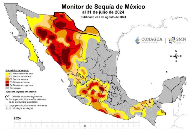 Morelos aparece en color gris, lo que significa que no presenta problemas de sequía en todo su territorio. 