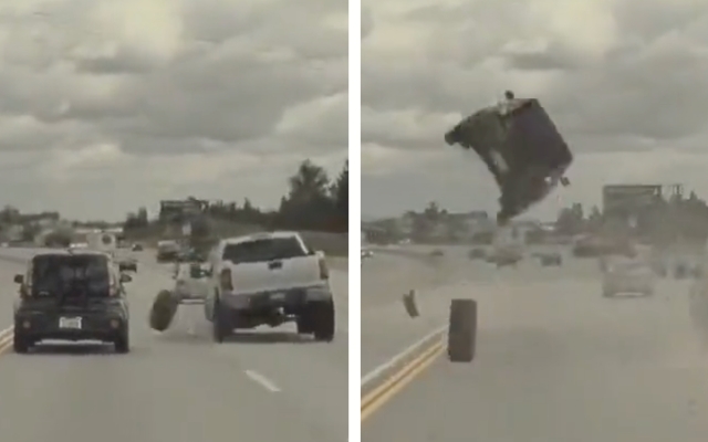 Llanta desprendida saca por los aires a camioneta en carretera | Video