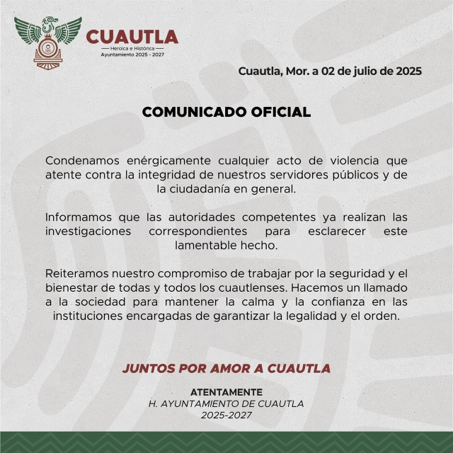Condena Ayuntamiento de Cuautla ataque armado en contra del secretario municipal Alfredo Escalona