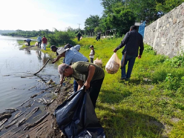 Los pescadores realizaron labores de limpieza en la presa de El Rodeo.