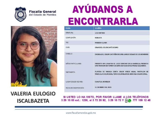 Buscan a una adolescente que desapareció en Cuautla