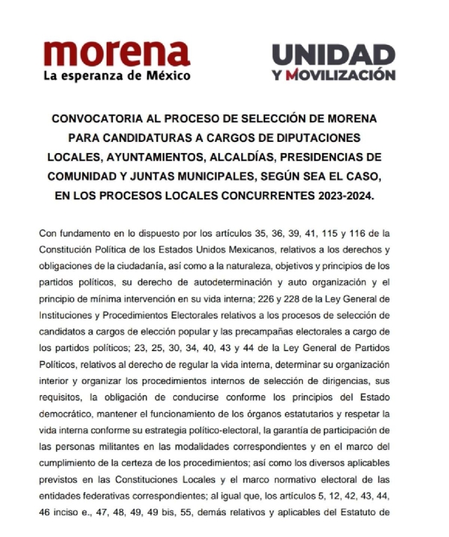 Publica Morena convocatoria para candidaturas a diputaciones locales y alcaldías