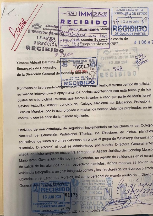 La denunciante inició el proceso formal contra Mario Israel Gaviña Astudillo, asesor jurídico de la Dirección General del Conalep Morelos.